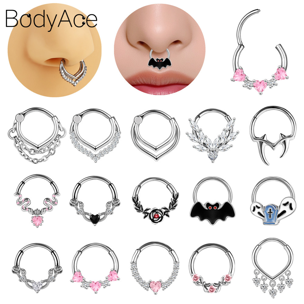 Bodyace 1 Pc แหวนจมูกสแตนเลสทองแดงเจาะจมูก 16G Septum แหวนคริสตัล Septum เจาะ Rose Nose Clicker
