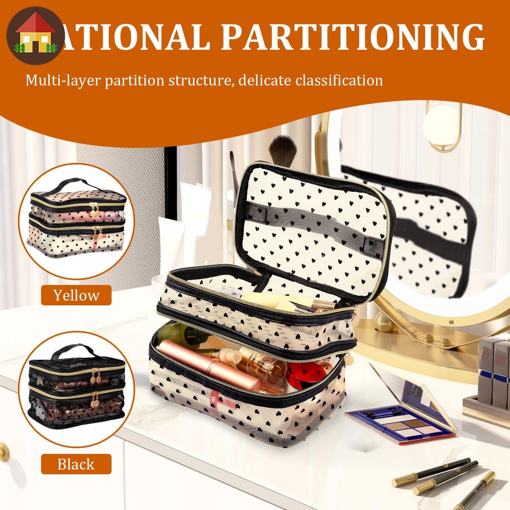กระเป๋าเครื่องสําอางกระเป๋าแต่งหน้าแบบพกพาสองชั้นความจุขนาดใหญ่สําหรับธุรกิจการเดินทางที่บ้าน ร้านค้
