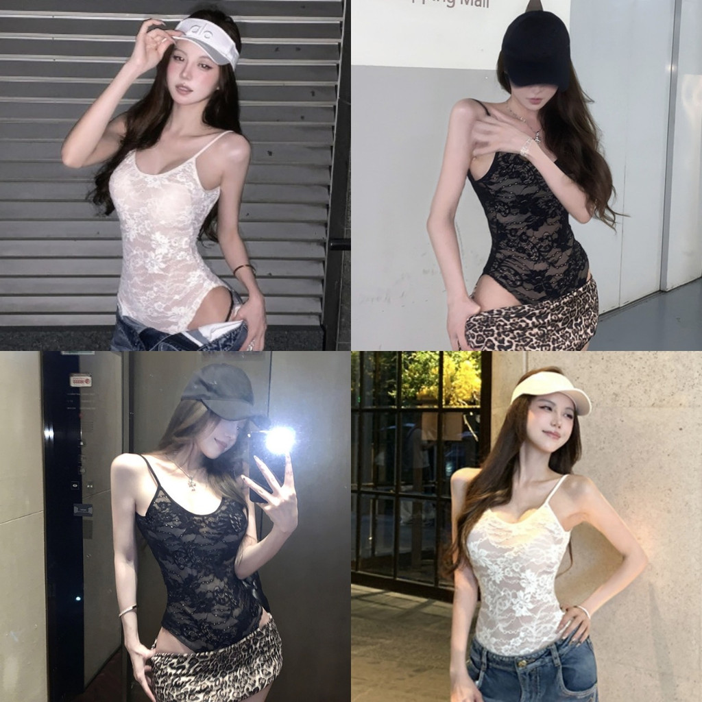 Evelyn ชุดบอดี้สูท สายเดี่ยว มีฟองน้ำ ลายลูกไม้ เซ็กซี่ สีขาวครีมดำ ผ้านิ่ม เปิดหลัง ส่งไวจากไทย