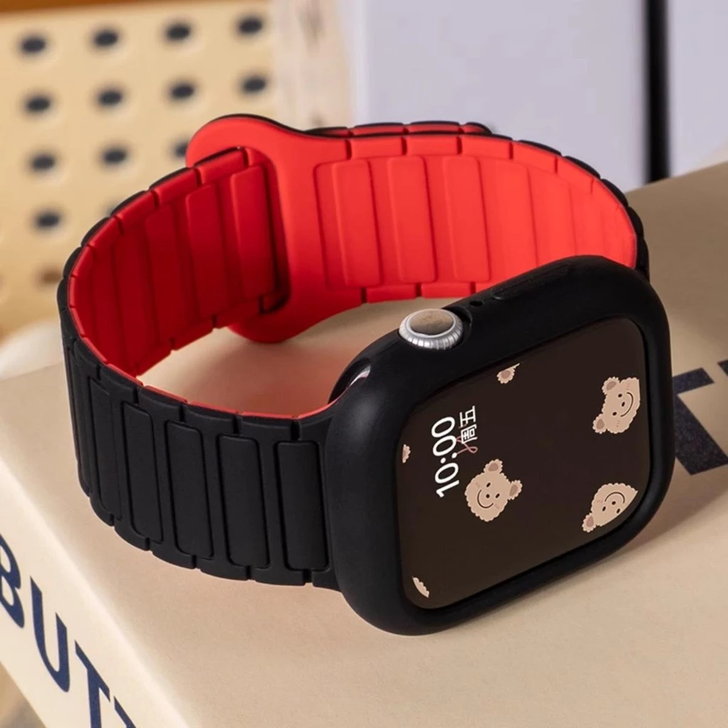 สายรัดข้อมือสายรัดแม่เหล็ก + เคสซิลิโคนสําหรับ Apple Watch S10/S9/S8/S7/Ultra2/SE iWatch 49/45/44 มม.41 มม.40 มม.