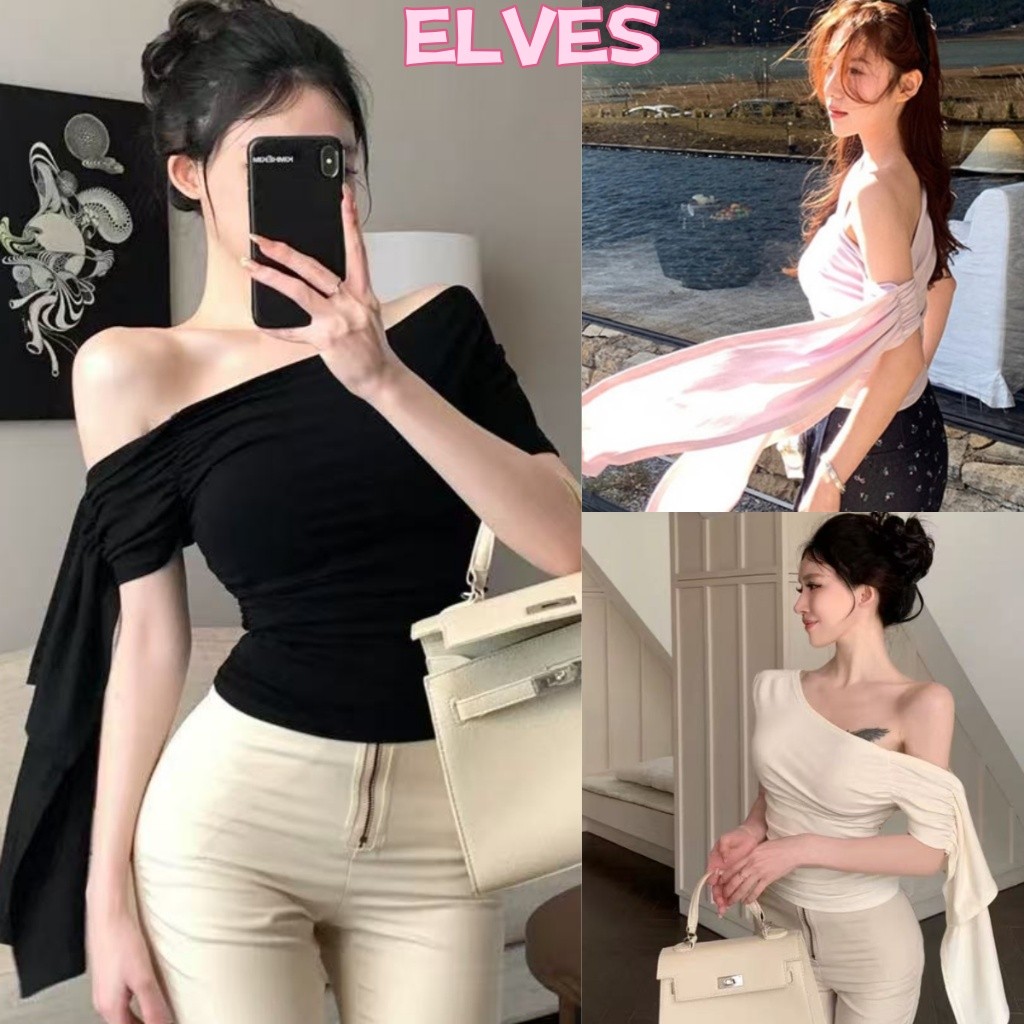 Elves พร้อม💟เสื้อแขนสั้นเปิดไหล่ ผ้านิ่มสีพาสเทล ปลายแขนปล่อยเก๋ๆ เสื้อแฟชั่น"FY3131#1"