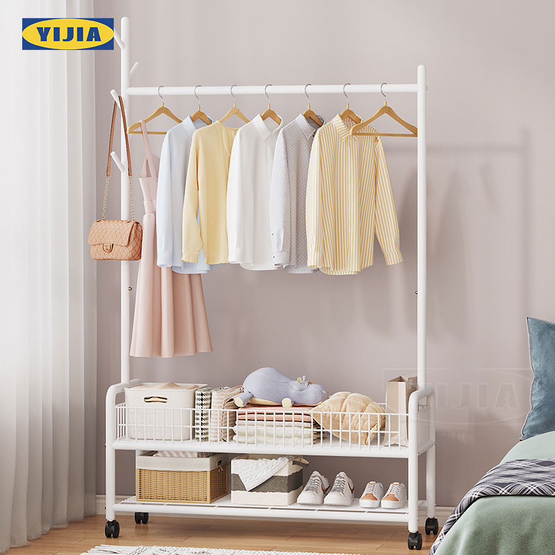 YIJIA ราวแขวนผ้า เสาเเขวนหมวก+กระเป๋า  มีล้อเลื่อน พร้อมชั้นวางของด้านล่าง โครงเหล็ก แข็งแรงทนทาน