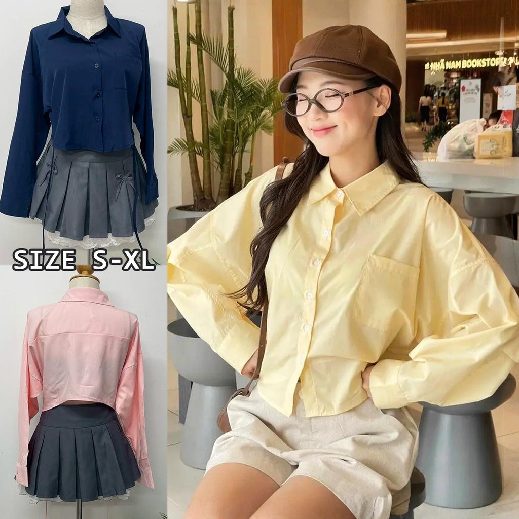 Chili Koko เสื้อเชิ้ตครอปแขนทรงค้างคาวหลวมๆ เสื้อสาวอวบพรางหุ่น เสื้อคลุมคาร์ดิแกนแขนยาวแฟชั่นสไตล์เ