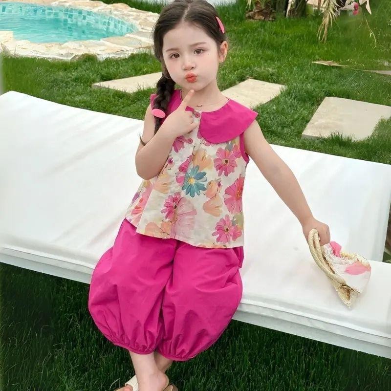 สไตล์ตะวันตก ชุดทูพีชแขนสั้น สำหรับเด็กผู้หญิง เสื้อคอปกตุ๊กตา กางเกงกันยุง เหมาะสำหรับฤดูร้อน ไซส์:80-130cm [DA-Z] - รูปที่ 4