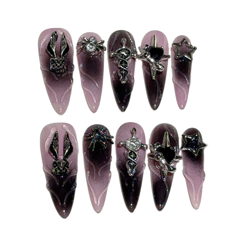 10 ชิ้น Y2k ฮาโลวีน Punk Dark Handmade กดบนเล็บสาวเผ็ดหวานเย็นกระต่าย Spider Star เล็บปลอมเล็บที่ถอดออกได้ ราคา ถูกที่สุด ดีลบีเคเค แกลเลอรีภาพที่ 5