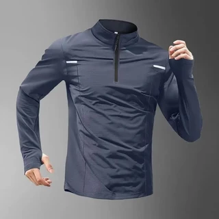 เสื้อกีฬาแห้งเร็วแขนยาวครึ่งซิป unisex สำหรับกิจกรรมออกกำลังกายต่าง ๆ เช่น การขี่จักรยานและการวิ่ง สีเทาและสีดำ