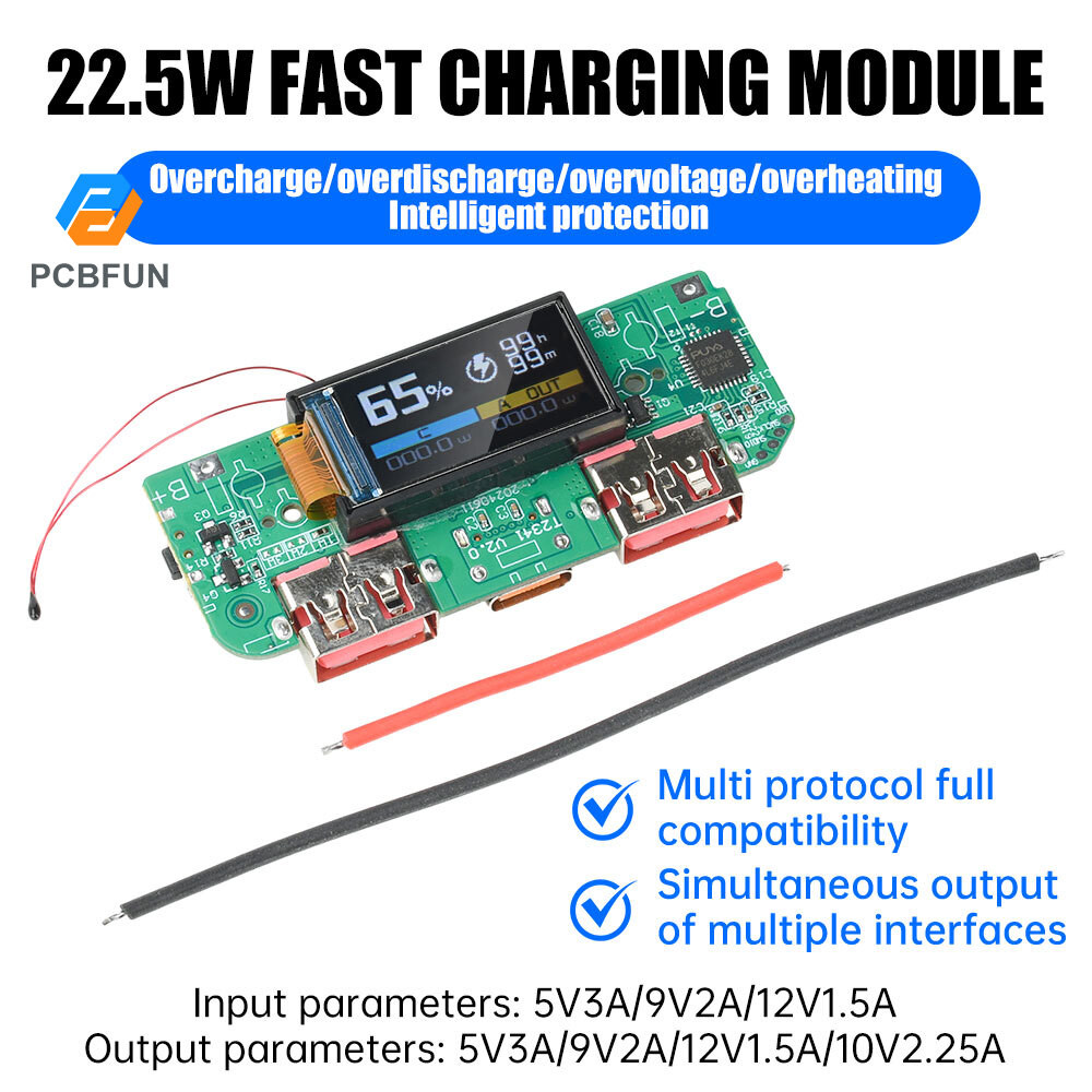 Pcbfun 22.5W Fast CHARGING โมดูล TFT หน้าจอสีดิจิตอลจอแสดงผล Fast ชาร์จเมนบอร์ดพลังงานมือถือ 3.7V Ternary แบตเตอรี่ลิเธียมเมนบอร์ด DIY Rechar