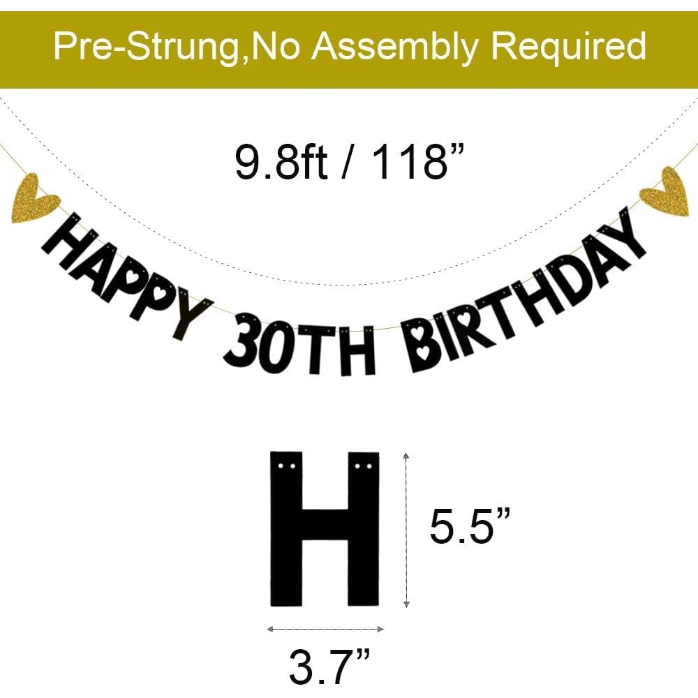 HAPPY 30TH BIRTHDAY Banner,Pre-Strung,Black Paper Glitter Party Decorations for 30 Years Old 30TH Bi