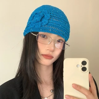 หมวก KIND Beanies ทรงโปร่งด้วยเส้นใย Hollow มีรายละเอียดดอกไม้Crochet สวมใส่สบาย
