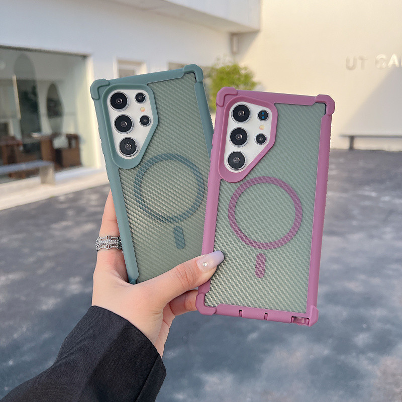 เกราะกันกระแทกคาร์บอน Fibre รูปแบบแม่เหล็กชาร์จไร้สายสําหรับ Samsung S25 Ultra S25 Plus S24 Ultra Plus ถุงลมนิรภัย Anti-Fall โปร่งแสง Shell Hard ปกหลัง