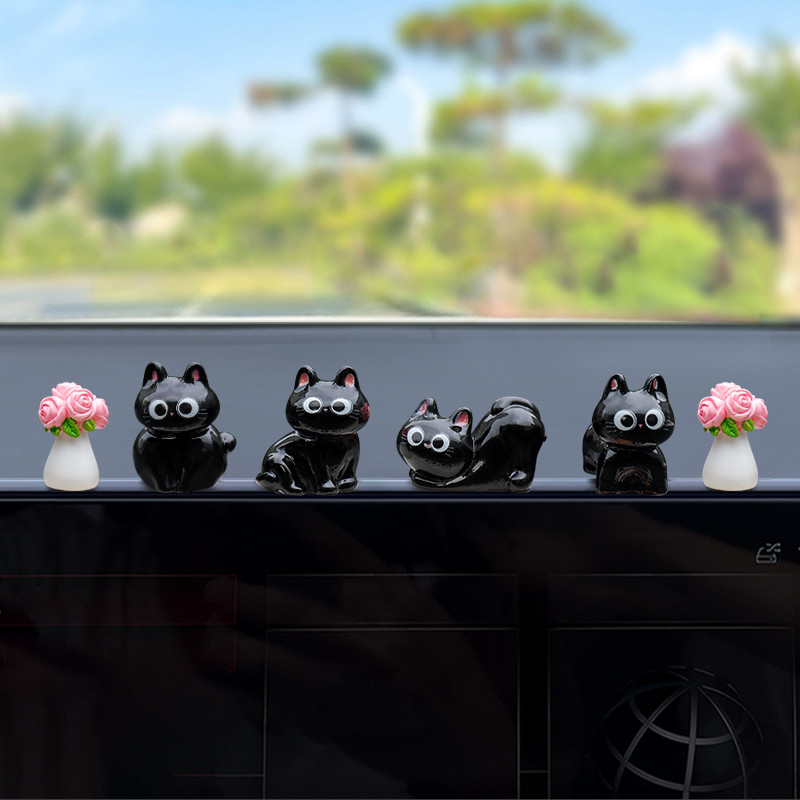 6ชิ้นน่ารักแมวดําตุ๊กตามินิเครื่องประดับเรซิ่นเดสก์ท็อปตกแต่งภายในรถแดชบอร์ดเครื่องประดับ