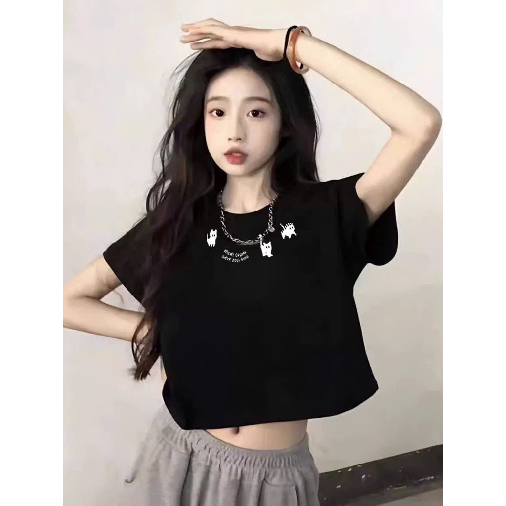 CROPTOP COOL SUMMER SHORT SLEEVE T-SHIRT - CAT NECKLACE-shopthubio98