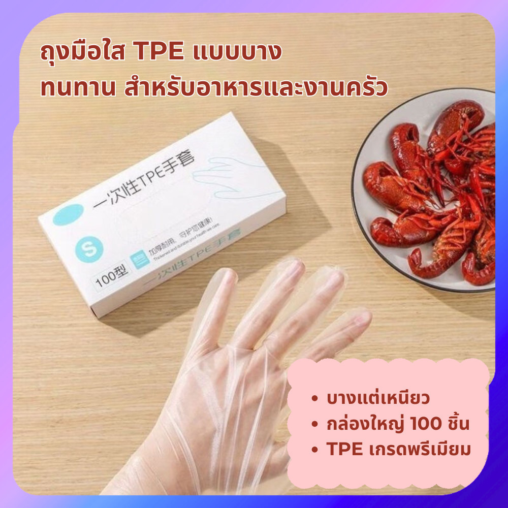 [แพ็ค 100 ชิ้น] ถุงมือ TPE แบบใช้แล้วทิ้ง บางเหนียว ทน ไม่ขาดง่าย จับอาหาร/ซีฟู้ด พร้อมส่ง