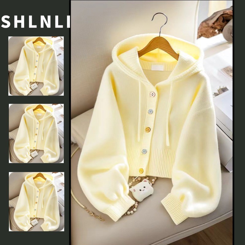 เสื้อคาร์ดิแกนผ้าถักมีฮู้ดแขนยาว สไตล์ลำลองสำหรับผู้หญิง สีเหลือง ใส่ได้ในหลากหลายโอกาส อากาศเย็น