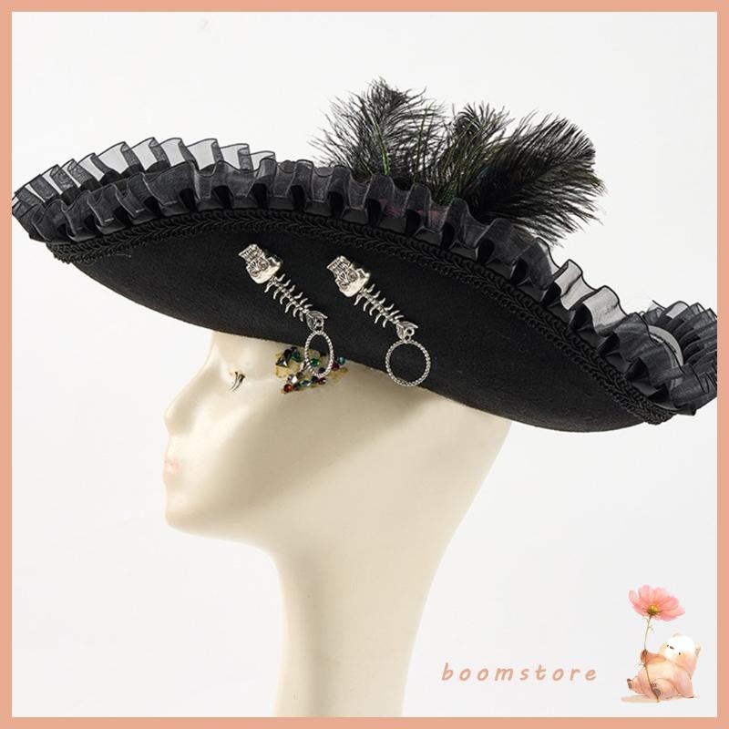 Boom Pirate Hat สําหรับผู้ใหญ่ขนสัตว์ดูด้อยและบูรณาการเย็บ Tricorne หมวกสําหรับชุดฮาโลวีนประวัติศาสต