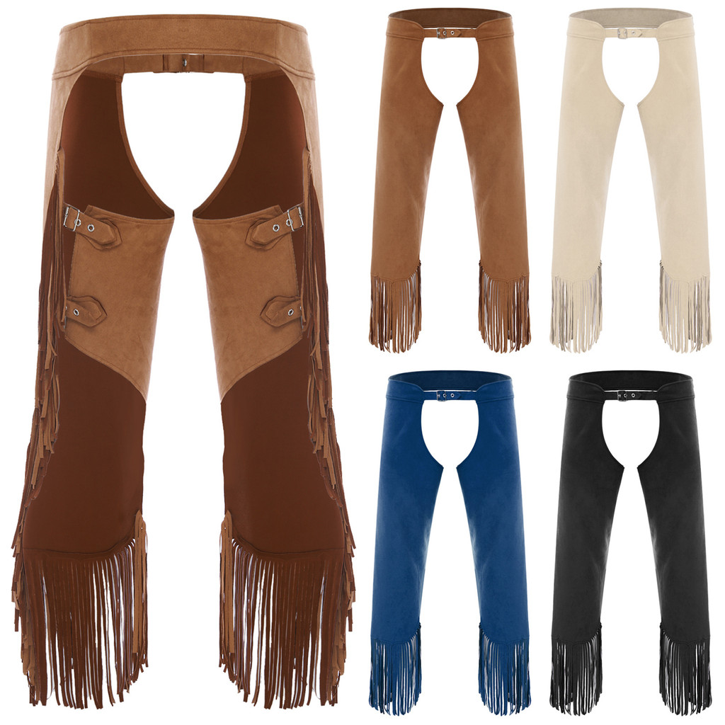 Oyolan Mens Faux Suede หนัง Fringe คาวบอย Chap กางเกง Western คาวบอยบทบาทเล่นเครื่องแต่งกายพู่ Hollow Out Buckled กางเกง Hippie กางเกง