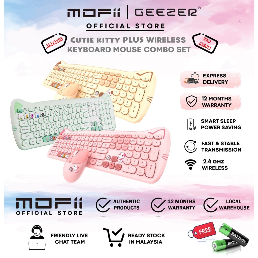 MOFII Geezer Cute Cat Plus Wireless/Bluetooth Keyboard Mouse Set Office PC Laptop Table