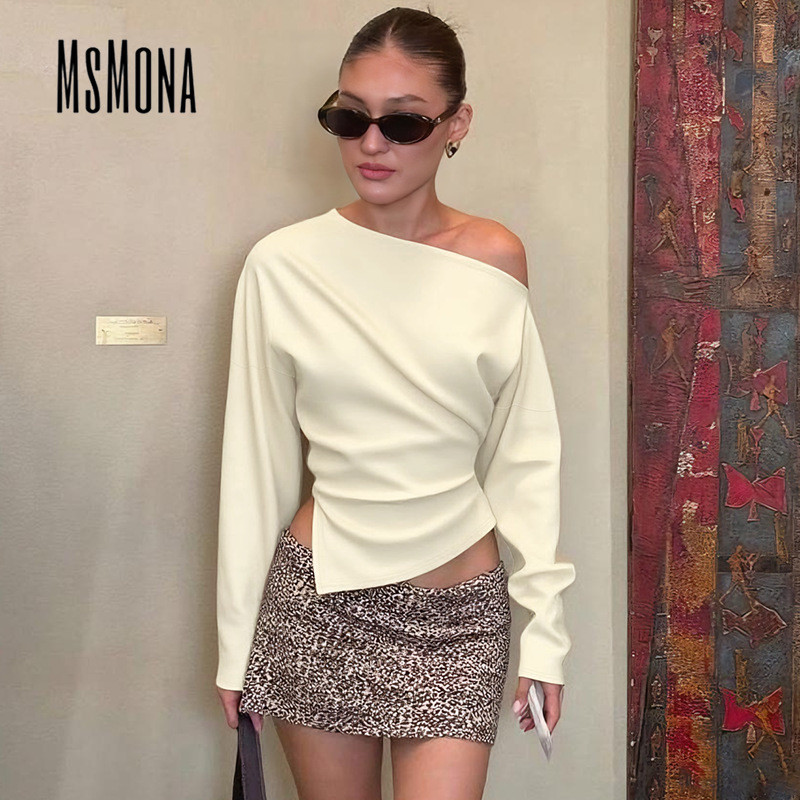 MsMona เสื้อยืดผู้หญิง สีทึบปิดไหล่ ลายย่นแฟชั่น