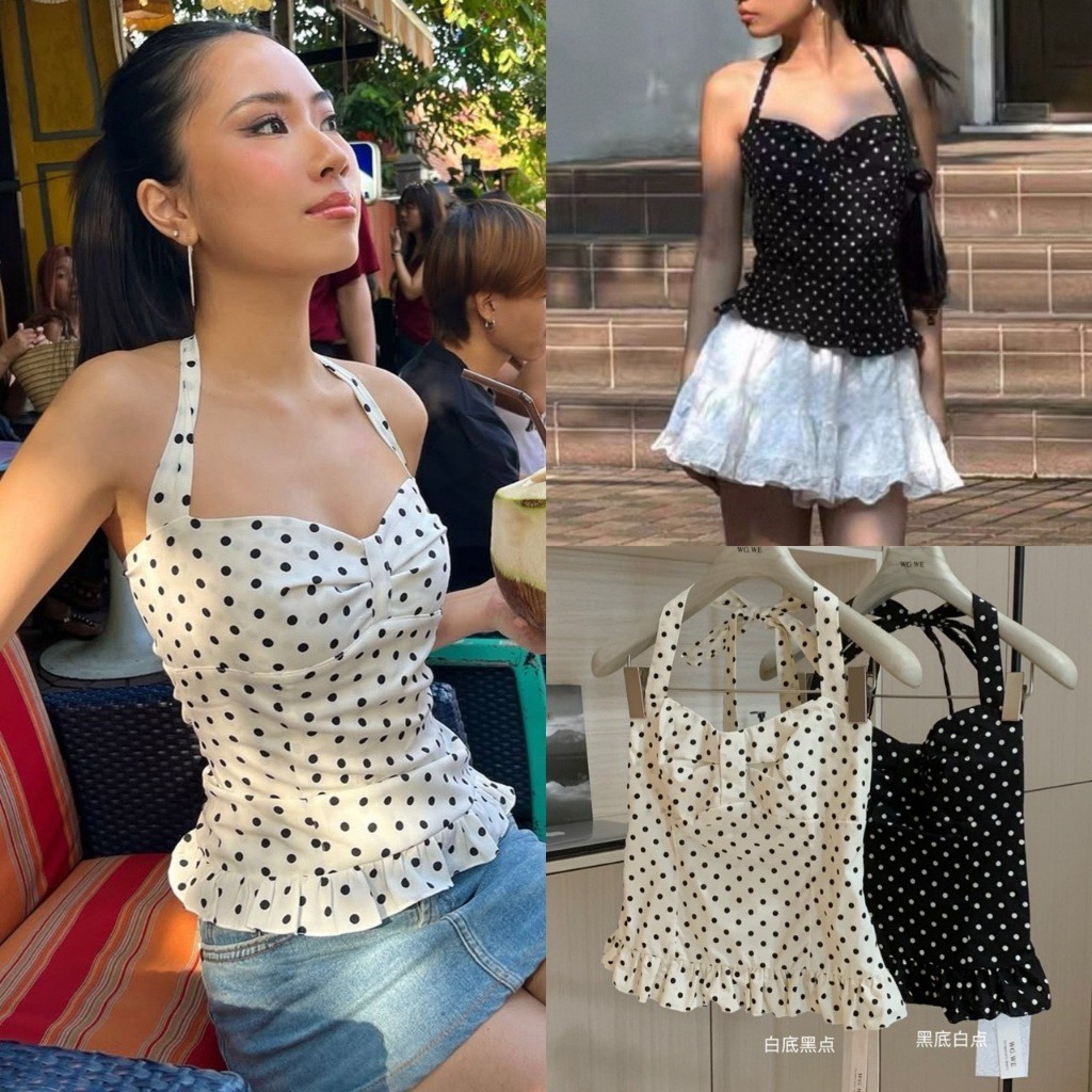 W6546 เสื้อคล้องคอลายจุด แต่งชายระบาย งานจริงน่ารักมาก ผ้าดีมากกก ทรงสวยเก๋ ใส่ง่ายค่ะ แฟชั่นเกาหลี TAG WG.WE