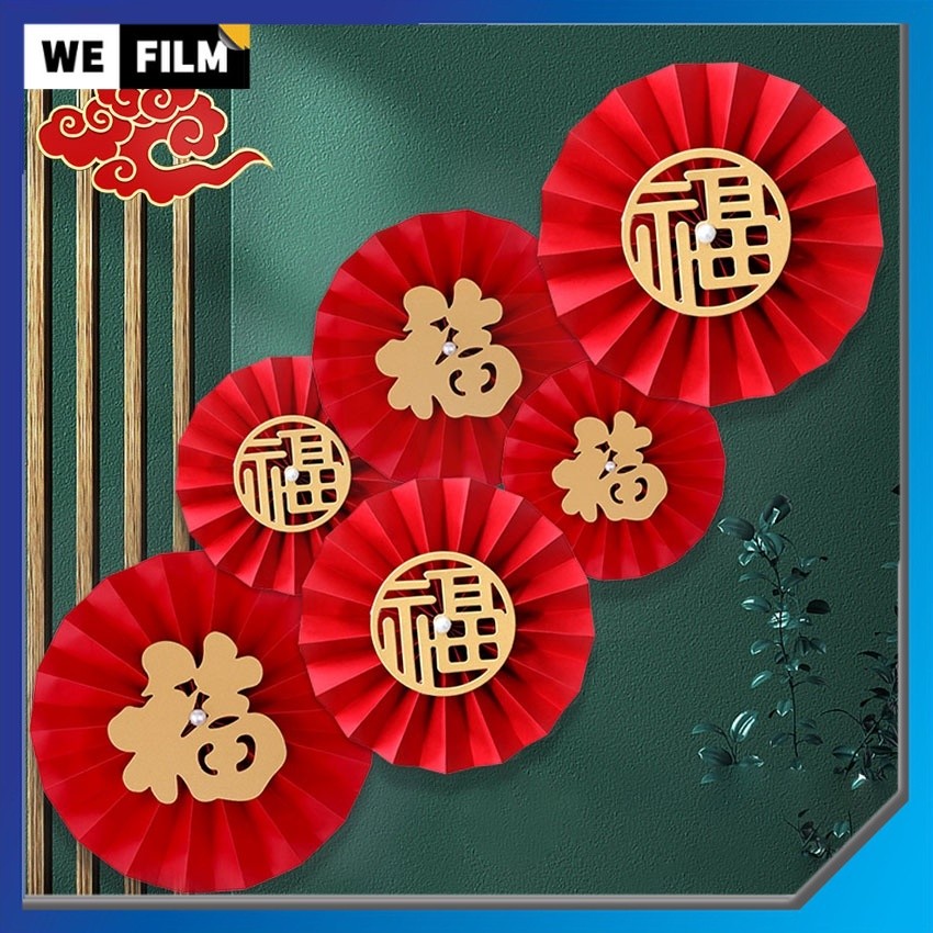 2026 ชุดพัดกระดาษ รูปดอกไม้ CNY Chinese New Year ใบพัดกระดาษ สำหรับตกแต่ง FU 纸扇花 สําหรับแขวนตกแต่ง 6