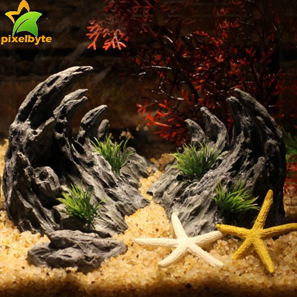 พิกเซล 2ชิ้น/เซ็ตจําลอง โกรธ เครื่องประดับ,เหมือนจริงเรซิ่นมังกรกระดูกภูมิทัศน์หิน,ภูเขาดูถ้ําซ่อนโยกปลาตกแต่งซ่อนถ้ําหลบภัยตู้ปลา