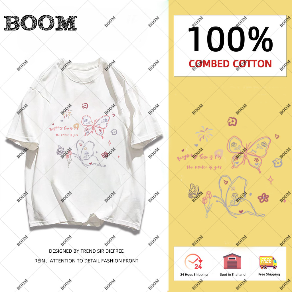 （จัดส่งตลอด 24 ชั่วโมง） The Korean Version of The Casual Butterfly Letter Oversize Short-sleeved T-shirt for Woman