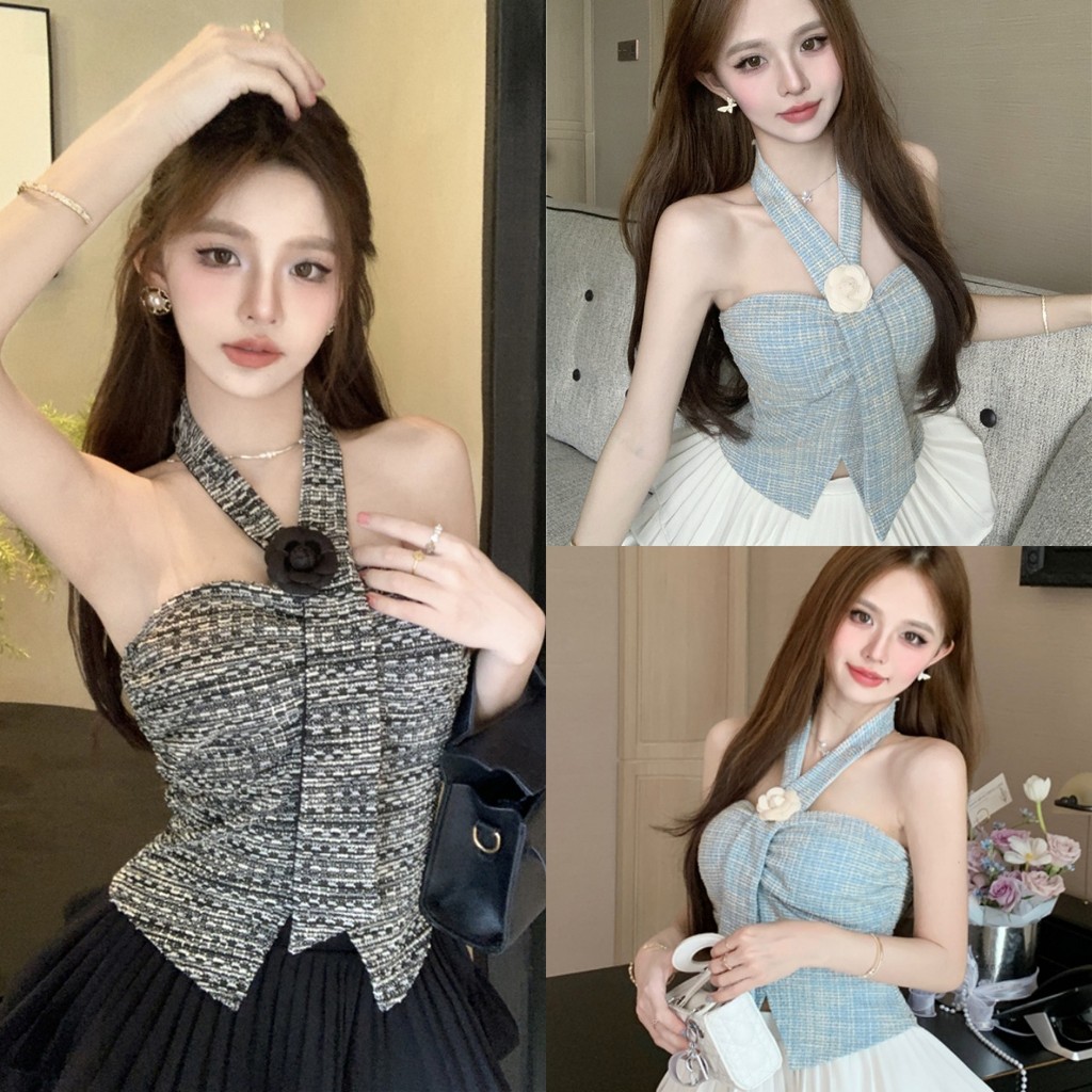 💙Pixie💙เสื้อเกาะอก สีพาสเทล ผ้าใส่สบาย ปาดไหล่ ผู้หญิง🌴เพิ่มสายคล้องคอแต่งดอกไม้ เอวลอย ฤดูร้อน เกาหลี ใส่สบาย
