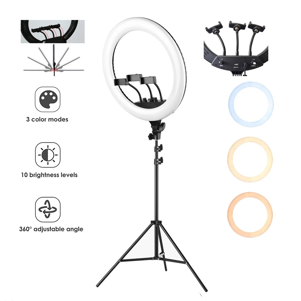 36CM LED Ring Light photo Lamp Dimmable with 3 Phone Holder with 200CM Photography Tripod Stand