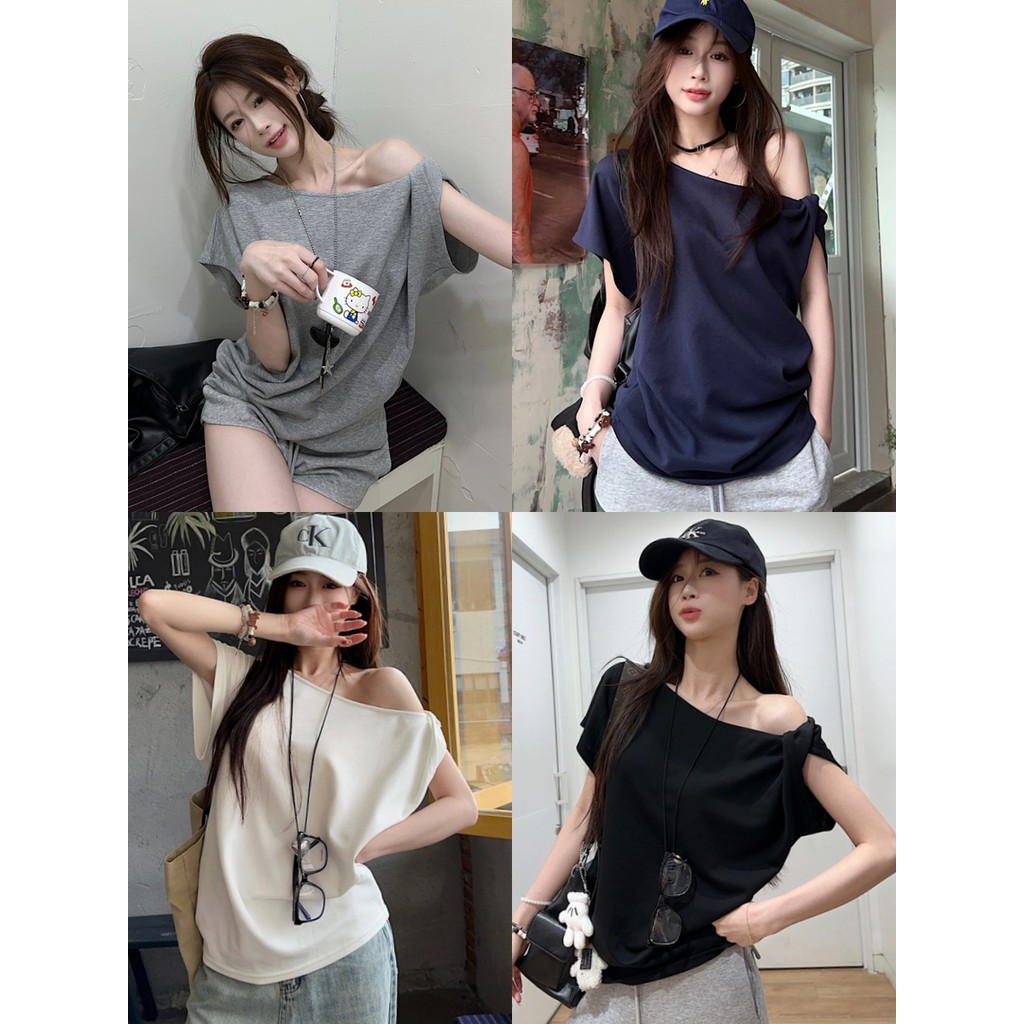 🤎Bonnie🤎เสื้อเปิดไหล่ แขนสั้น ทรงหลวม แขนสั้น สีพื้น ผ้าใส่สบาย ผู้หญิง เสื้อยืด แฟชั่น สไตล์ลำลอง เกาหลี