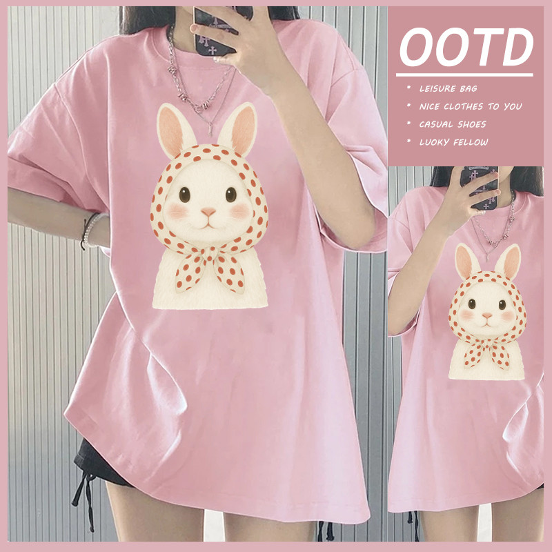 T42.SHOP🌸เสื้อหวานๆ สื้อยืด oversize OOTD เกาหลี โคตรนุ่ม ผ้าคอตตอน ลาย "Hooded White Rabbit" สินค้าใหม่ 2025