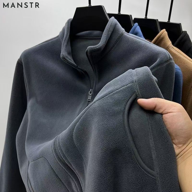 MANSTR ฤดูหนาวใหม่คุณภาพสูงผู้ชายขนแกะขั้วโลกหนาซิปคาร์ดิแกนแจ็คเก็ตขนแกะเรียงรายปกเสื้ออบอุ่นสีดําสีเทาสีน้ําตาล