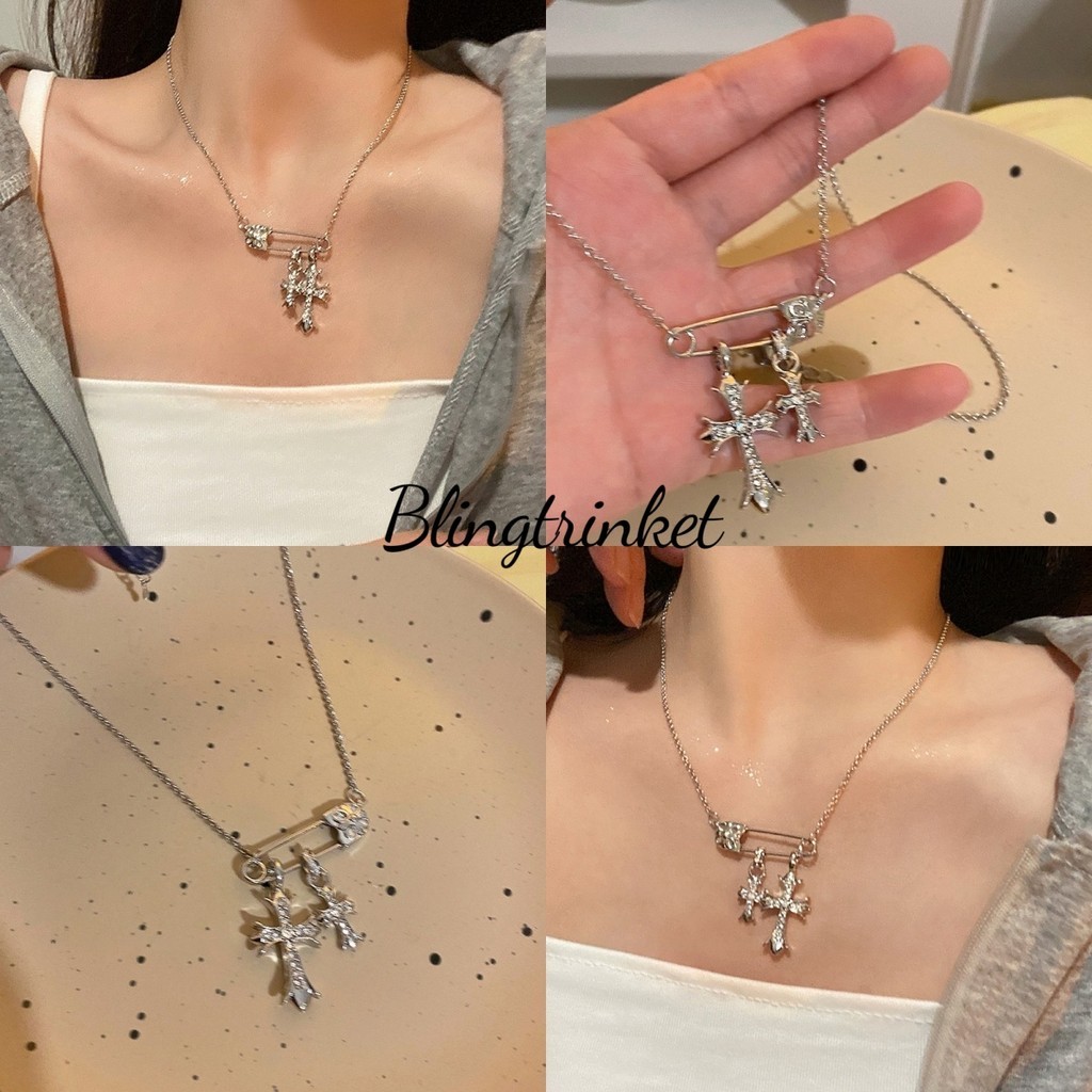 Lunar Blossom ✨✨ สร้อยคอ จี้ไม้กางเขน การเชื่อมต่อคลิปหนีบกระดาษ การตกแต่งด้วยเพชร เรียบง่ายและมีสไตล์ โซ่ไหปลาร