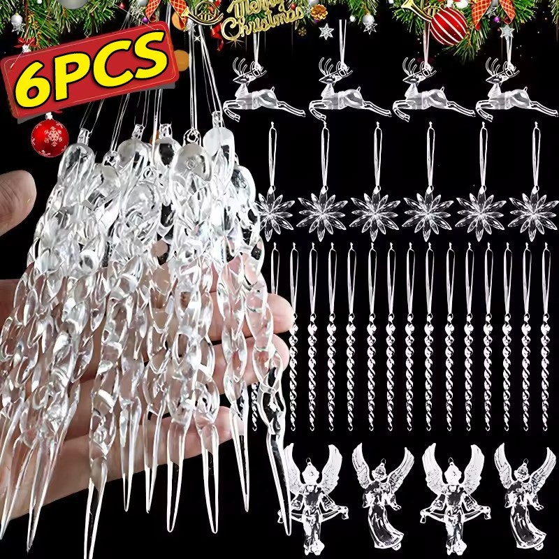 2/3/4/6 ชิ้นคริสต์มาสอะคริลิคจี้เกล็ดหิมะใส/ต้นคริสต์มาส Icicles Elk Angel แขวนเครื่องประดับ