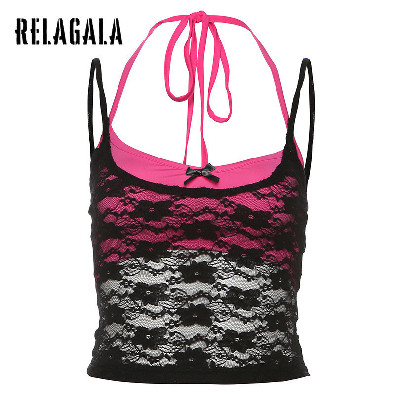 Relagala ผู้หญิง 2024 ใหม่เซ็กซี่ตาข่ายสลิงสีทึบคอห่อหน้าอกสองชิ้น Crop Top