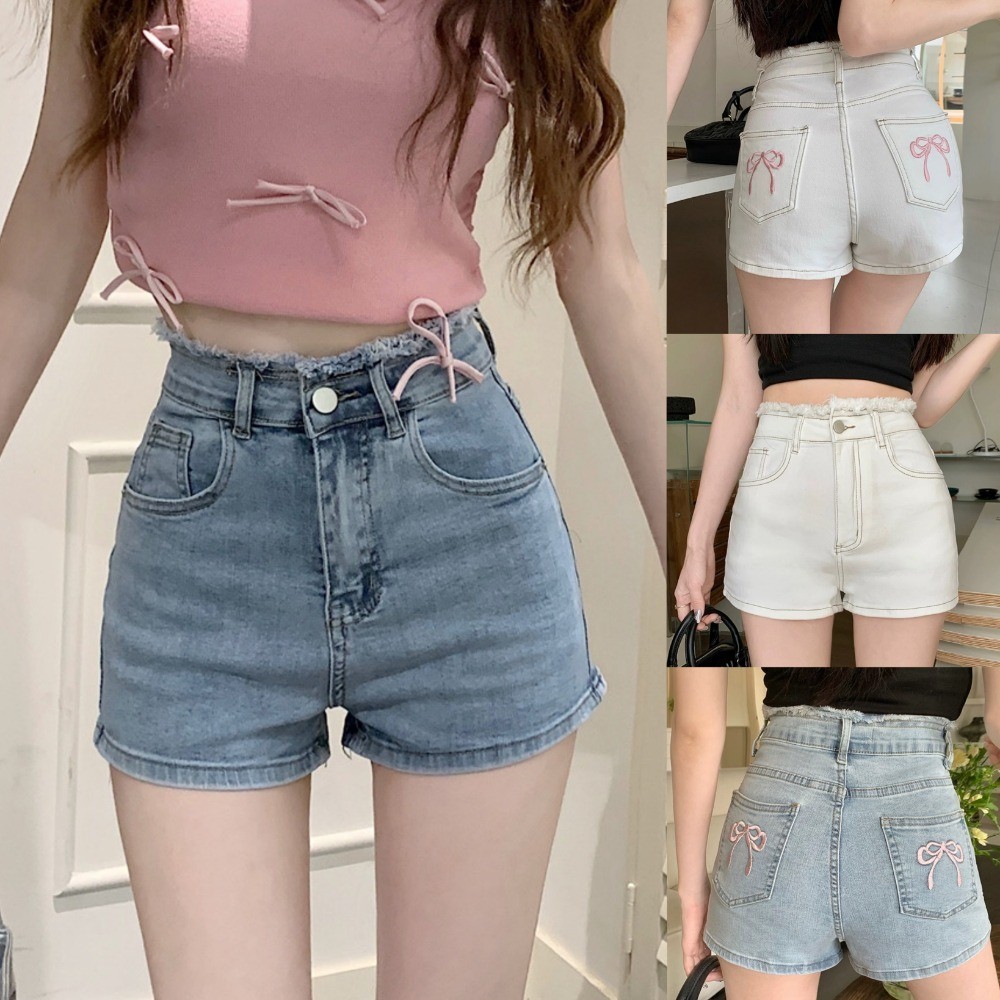 จัดส่งจากกรุงเทพ ฤดูร้อนเลดี้สลิมฟิตยกกางเกงยีนส์ขาสั้น กระบวนการเย็บปักถักร้อยโบว์