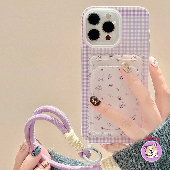 ดอกไม้สีม่วงเคสโทรศัพท์สําหรับ IPhone 15 14plus 15Pro Max 6 7plus 8 Xr Xsmax Xs การ์ดฝาครอบโทรศัพท์ 11 13 14 15prowrist สายคล้องซิลิโคนผู้หญิงพร้อมเชือกแขวน GKB