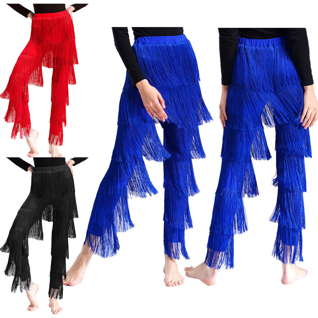 YOYOJIA สตรีพู่กางเกงเต้นรําละติน Tango Cha-Cha เครื่องแต่งกายประสิทธิภาพเอวยืดหยุ่นกางเกง Tiered Fringed กางเกง