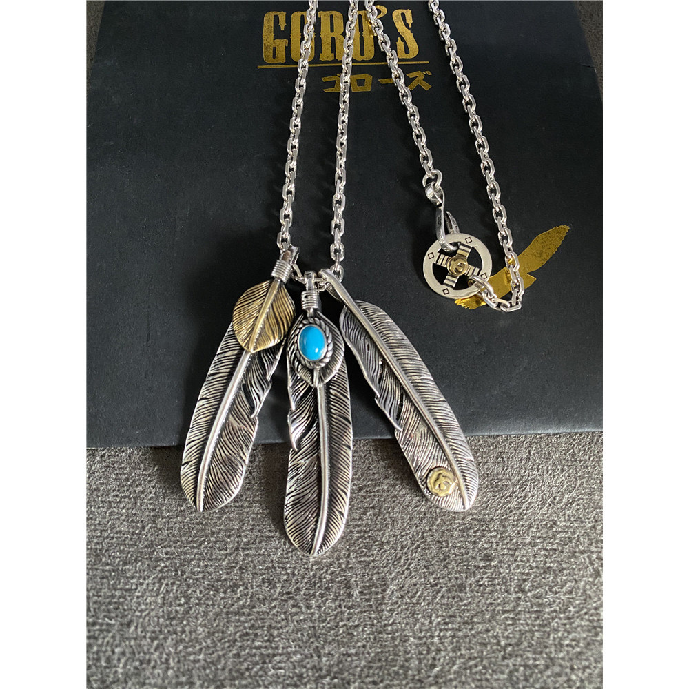 สร้อยคอ Goros/วินเทจเงินไทย Turquoise Feather Leaf Pendant Taikou Chain Necklace