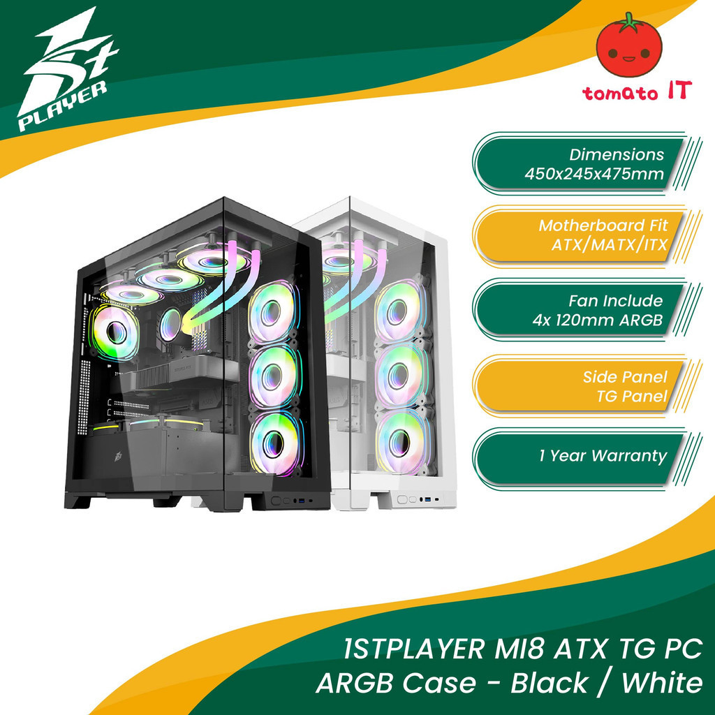 1STPLAYER MI8 ATX TG 4x 120 มม. ARGB Fans PC Case - สีดําสีขาว