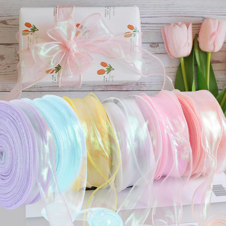 10/50yards Iridescent Fishtail เส้นด้ายของขวัญริบบิ้นสําหรับดอกไม้ช่อดอกไม้บรรจุภัณฑ์ Organza ริบบิ้นแบบมีสายสําหรับวันวาเลนไทน์ตกแต่งงานแต่งงาน
