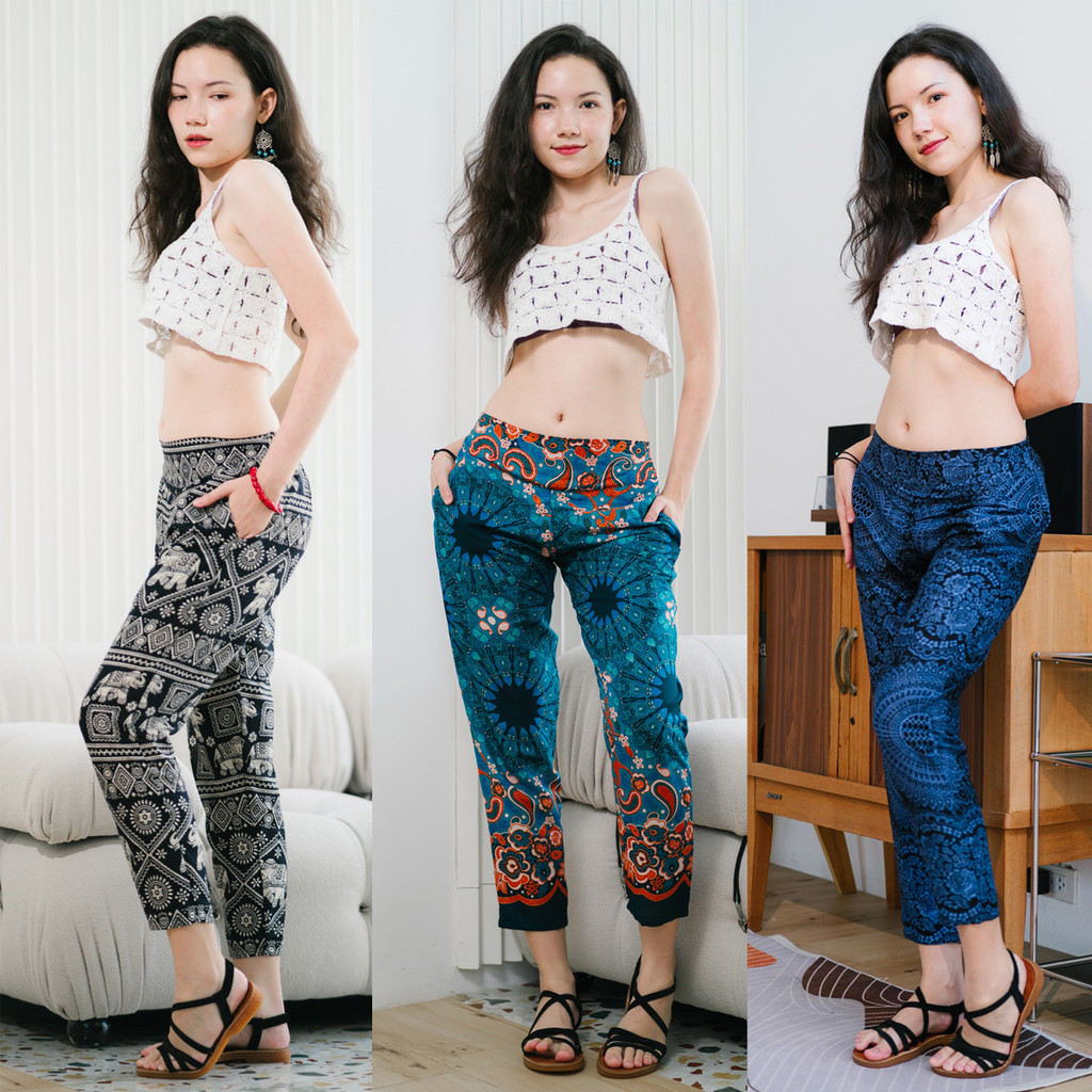 New กางเกง ขาเดฟ เข้ารูป พิมพ์ลายช้าง ผ้าเรย่อน ผลิตโดยคนไทย พร้อมส่ง by Your Cozy