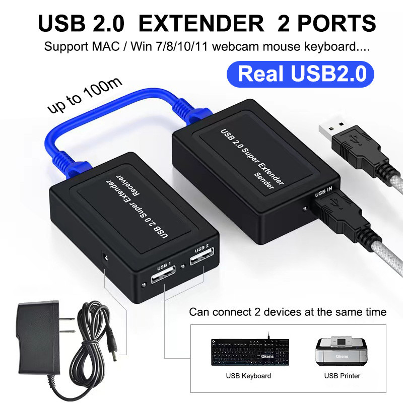 100m 2 พอร์ต USB 2.0 สายเคเบิลเครือข่าย Extender ผ่าน RJ45 Cat5e Cat6 Ethernet สําหรับ Mac Win7/8/10