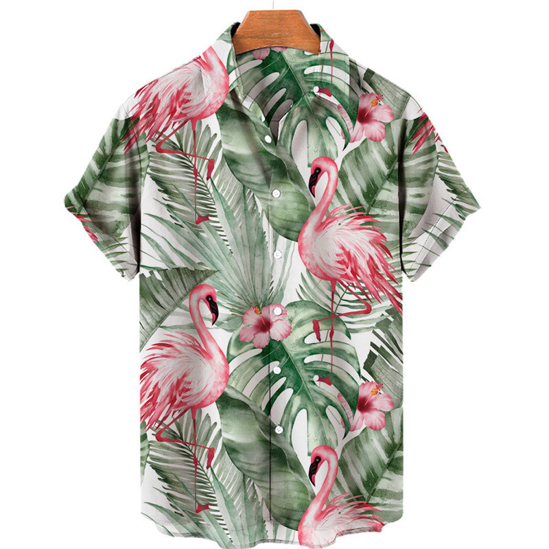 Tropical Jungle Flamingo 3d พิมพ์เสื้อฮาวายสําหรับชายฤดูร้อน Street แขนสั้น Harajuku ปกปุ่มเสื้อหลวม