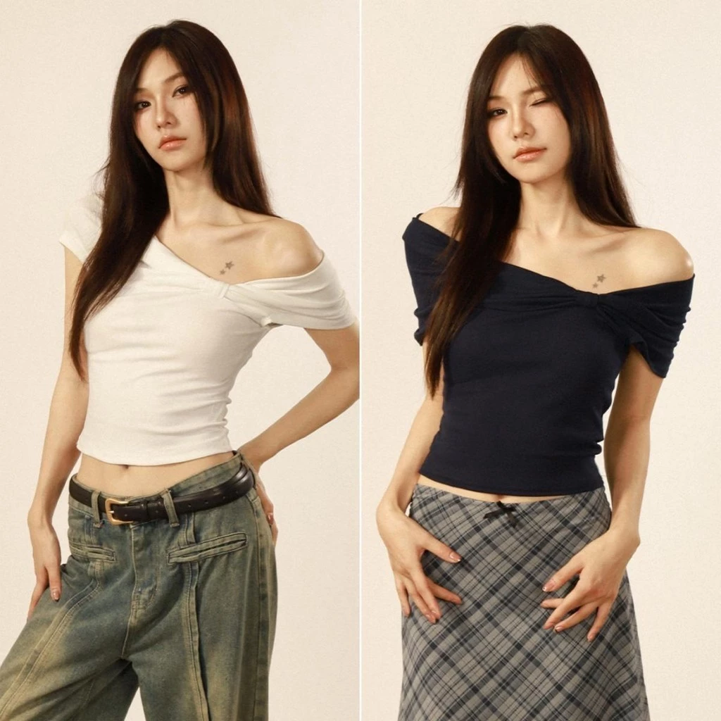cherryshop🍒พร้อมส่ง เสื้อรัดรูปผู้หญิง เสื้อยืดปาดไหล่ ผ้ายืดทรงสวยสั้น แขนสันปาดไหล่เซ็กซี่ ดีไซน์สวย พอดีตัวทรงสวย
