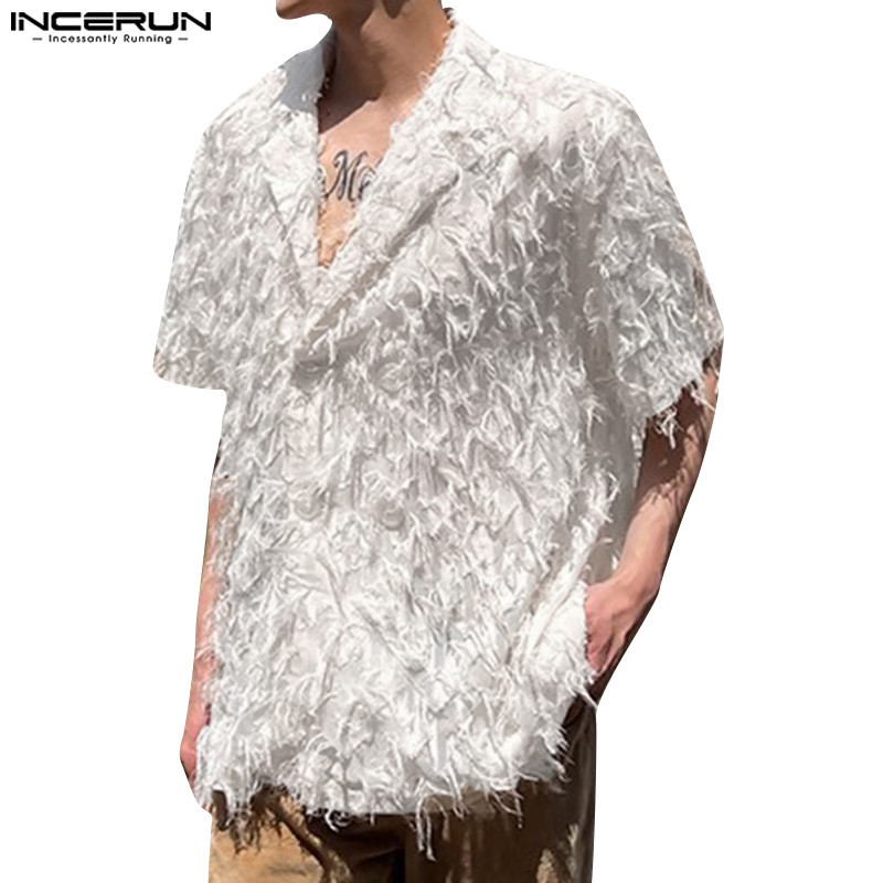 ไม่แน่นอน เสื้อเชิ้ตลําลองแขนสั้นพู่ซีทรูแฟชั่นเกาหลีสําหรับผู้ชาย