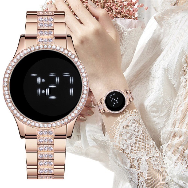 Jam tangan perempuan นาฬิกาผู้หญิงหน้าจอสัมผัส LED นาฬิกาข้อมือดิจิตอลแฟชั่น Rhinestone นาฬิกาสแตนเลส