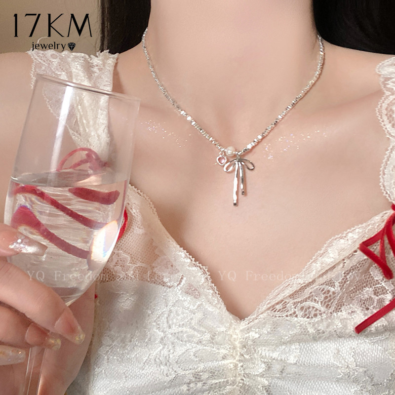 17กม โบว์หวานหัวใจสร้อยคอมุกหักเงินลูกปัดโซ่เค้นคอสําหรับผู้หญิงเครื่องประดับอุปกรณ์เสริม