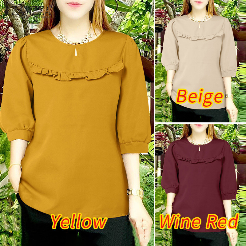 Zanzea ผู้หญิงเกาหลี Daily3/4 แขนเสื้อคอกลมสีทึบ Ruffle ตกแต่งเสื้อ — صورة 3
