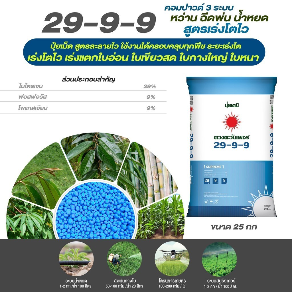 (ยกกระสอบ25kg) ปุ๋ยคอมปาวด์ซัลเฟต 29-9-9  ดวงตะวันเพชร เร่งการเจริญเติบโตต้นแข็งแรงเพิ่มการแตกกิ่งก้