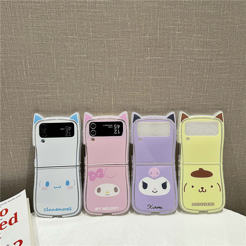 Sanrio Theme หูแมวสไตล์เคสนุ่มสําหรับ Samsung Z Flip 7 Z Flip 6/5/4/3 เคส TPU กันกระแทกโทรศัพท์กลับน่ารักฝาครอบกรณี
